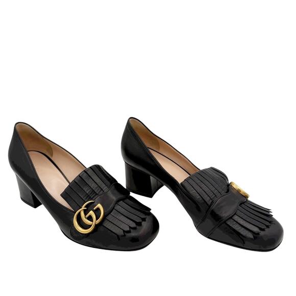 Gucci Marmont GG Fringe Loafers Low Block Heel Pumps Black LeatherSize 39 US 9 - Picture 1 of 15